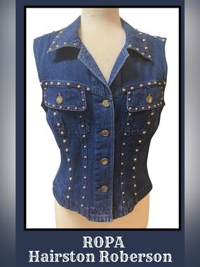 ROPA Hairston Roberson Vest Top made in USA Navy Denim Silver Nailheads  NEW L